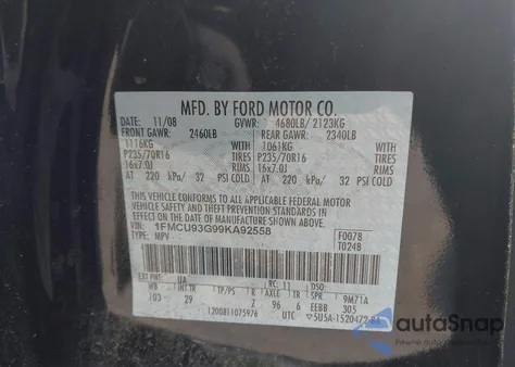 2009 Ford Escape Xlt из США, поврежденный, VIN 1FMCU93G99KA92558